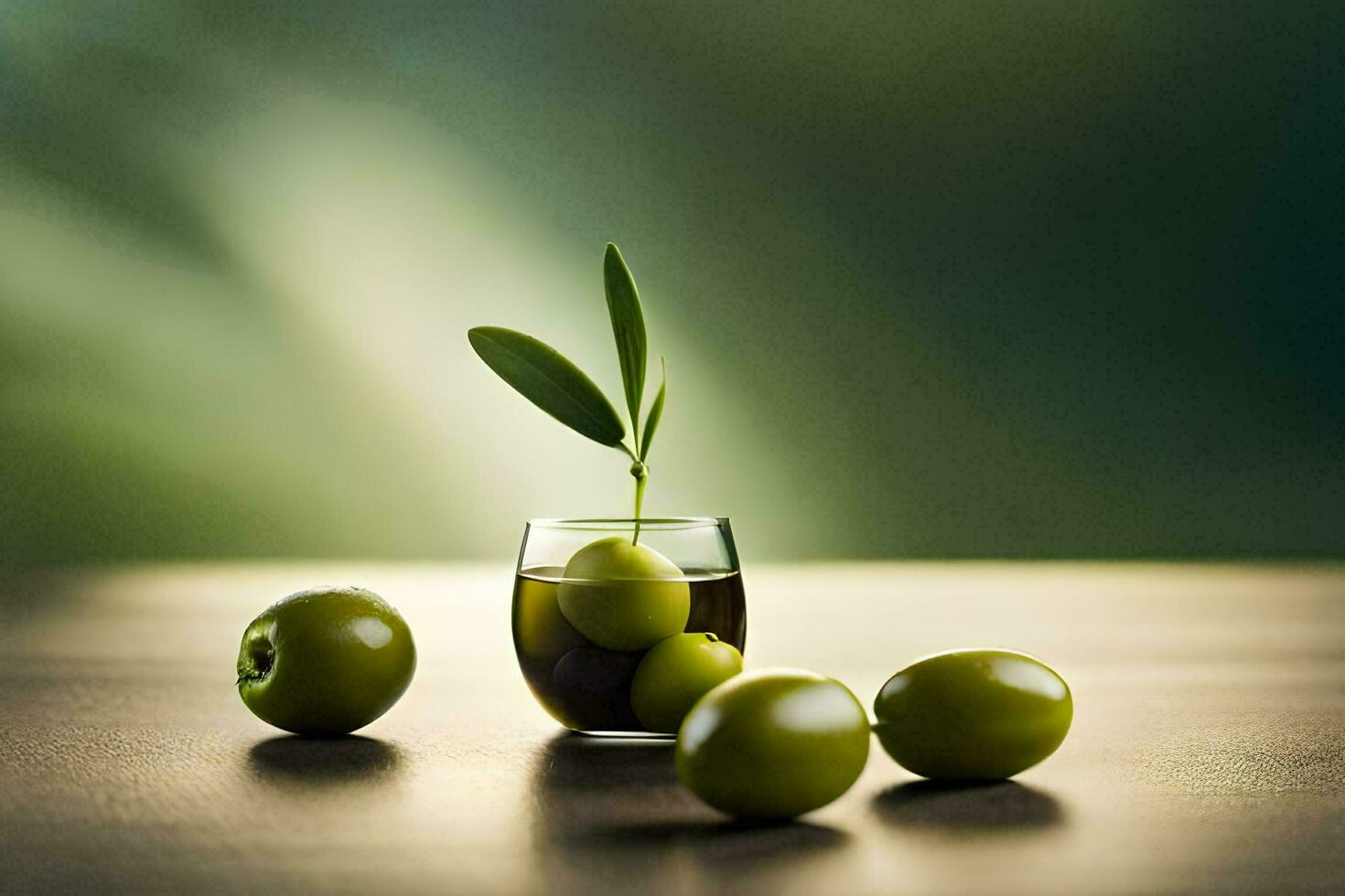 Olives dans une verre avec feuilles sur une tableau. généré par ai photo