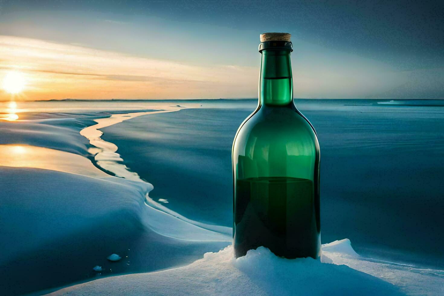 une bouteille de du vin est assis sur le plage à le coucher du soleil. généré par ai photo