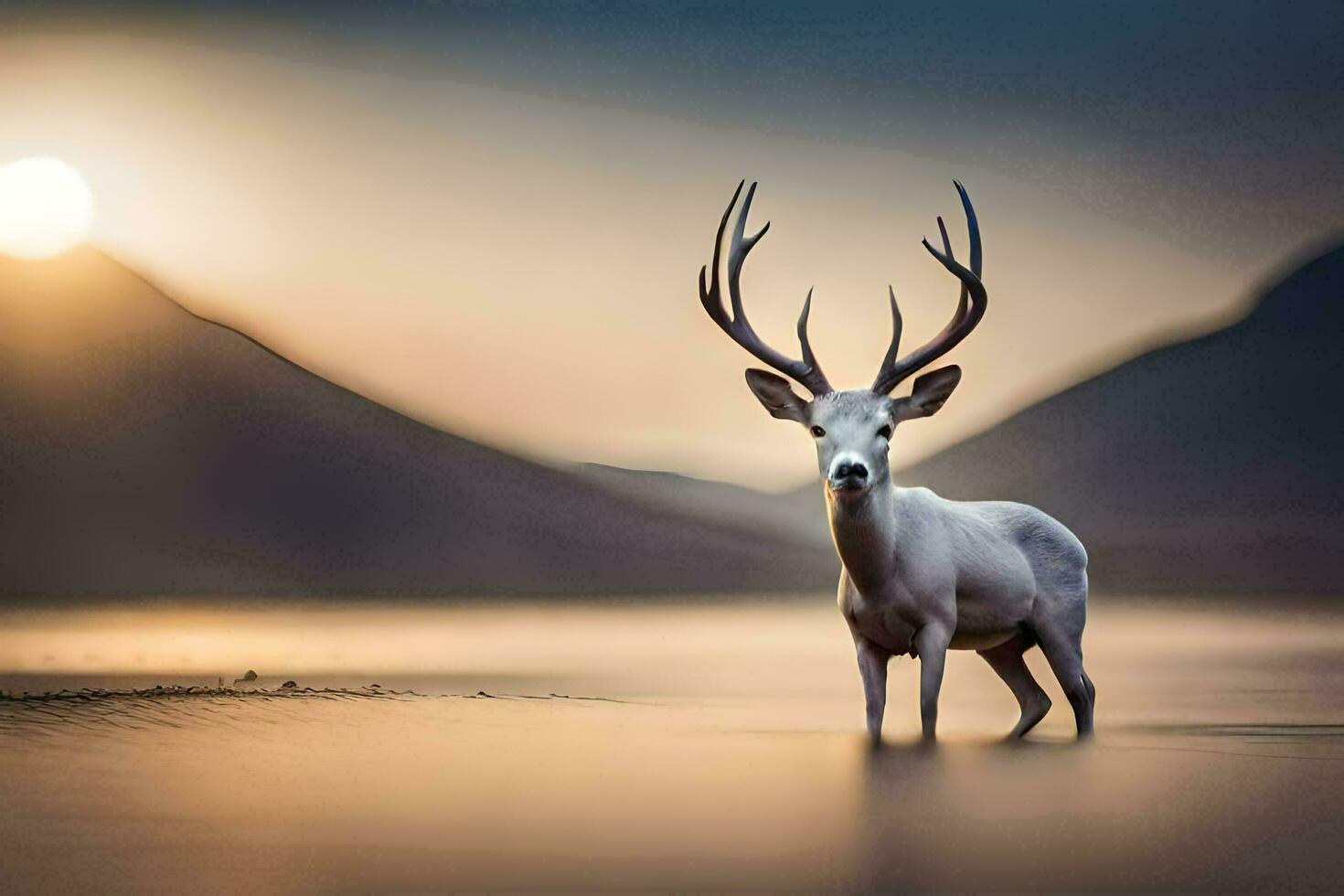 une blanc cerf des stands dans le l'eau à le coucher du soleil. généré par ai photo