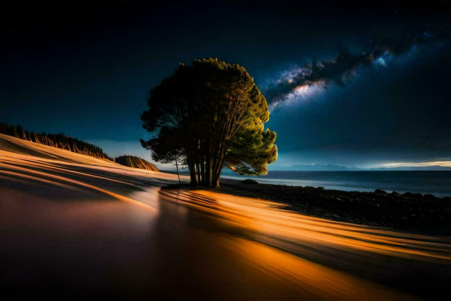 une arbre dans le milieu de le océan à nuit. généré par ai photo