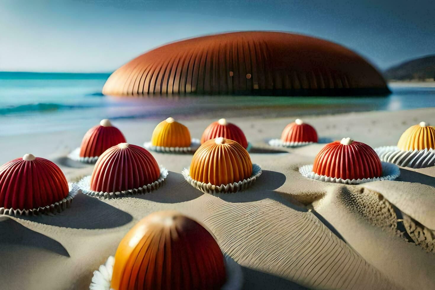 une groupe de coloré coquilles sur le plage. généré par ai photo