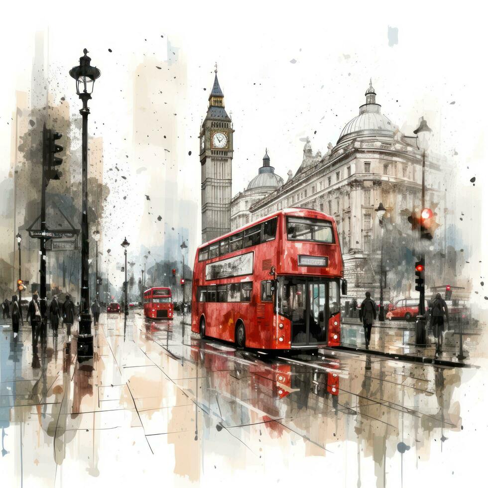 Londres rue avec rouge autobus dans pluvieux journée esquisser illustration photo