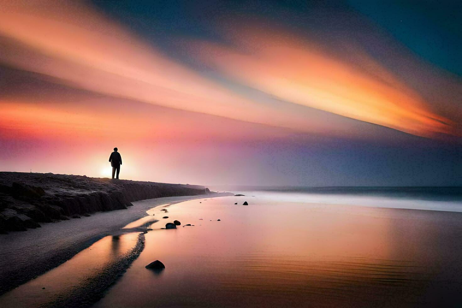 une homme des stands sur le plage à le coucher du soleil. généré par ai photo