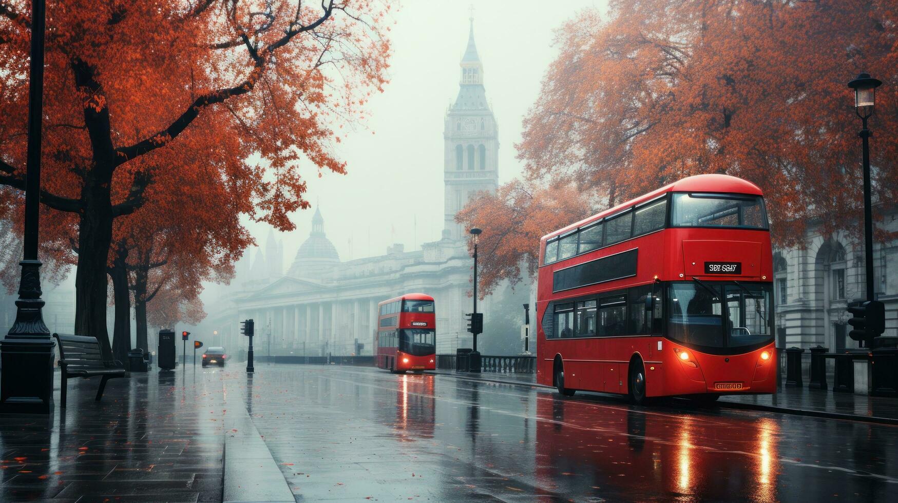 Londres rue avec rouge autobus dans pluvieux journée esquisser illustration photo