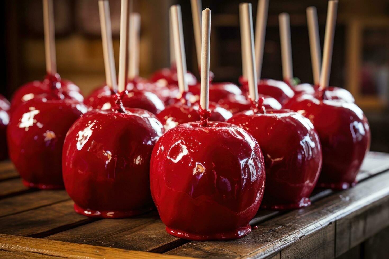 délicieux vitré rouge caramel au beurre bonbons pommes sur des bâtons photo