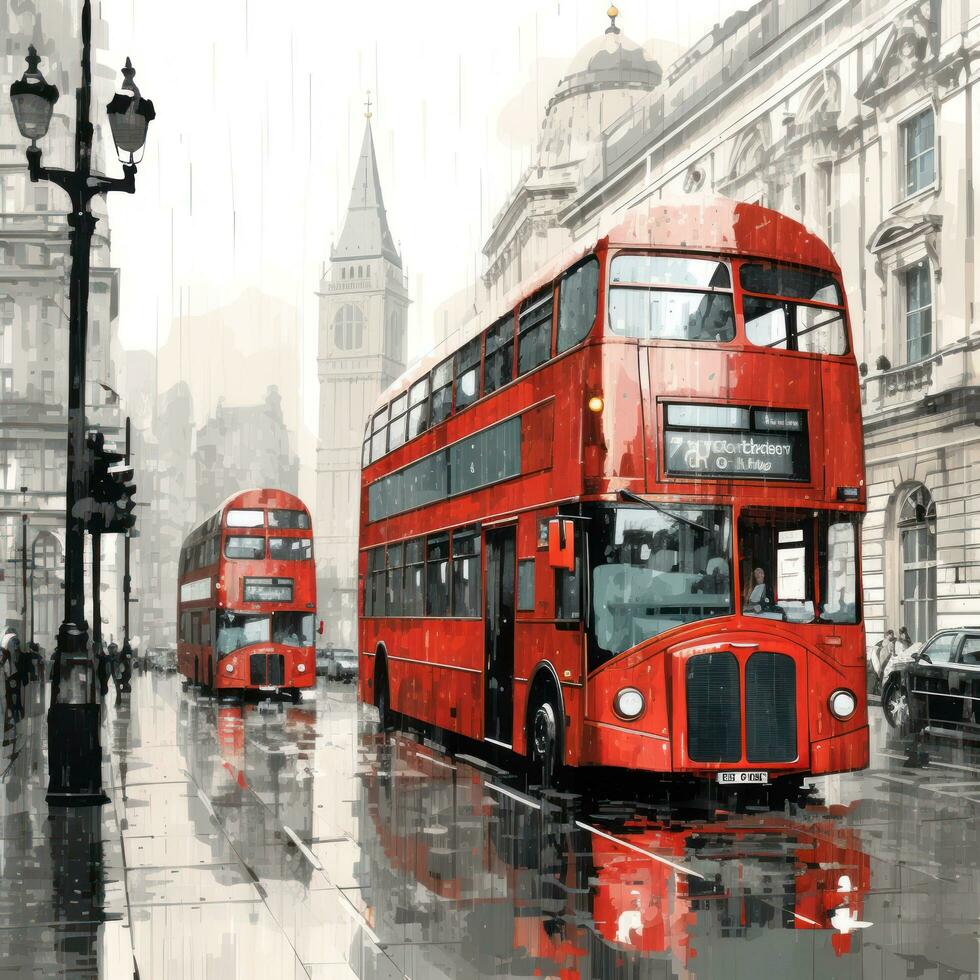 Londres rue avec rouge autobus dans pluvieux journée esquisser illustration photo