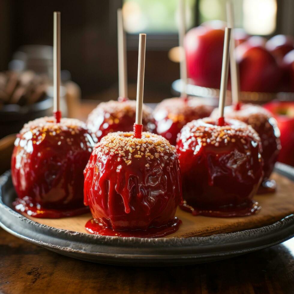 délicieux vitré rouge caramel au beurre bonbons pommes sur des bâtons photo