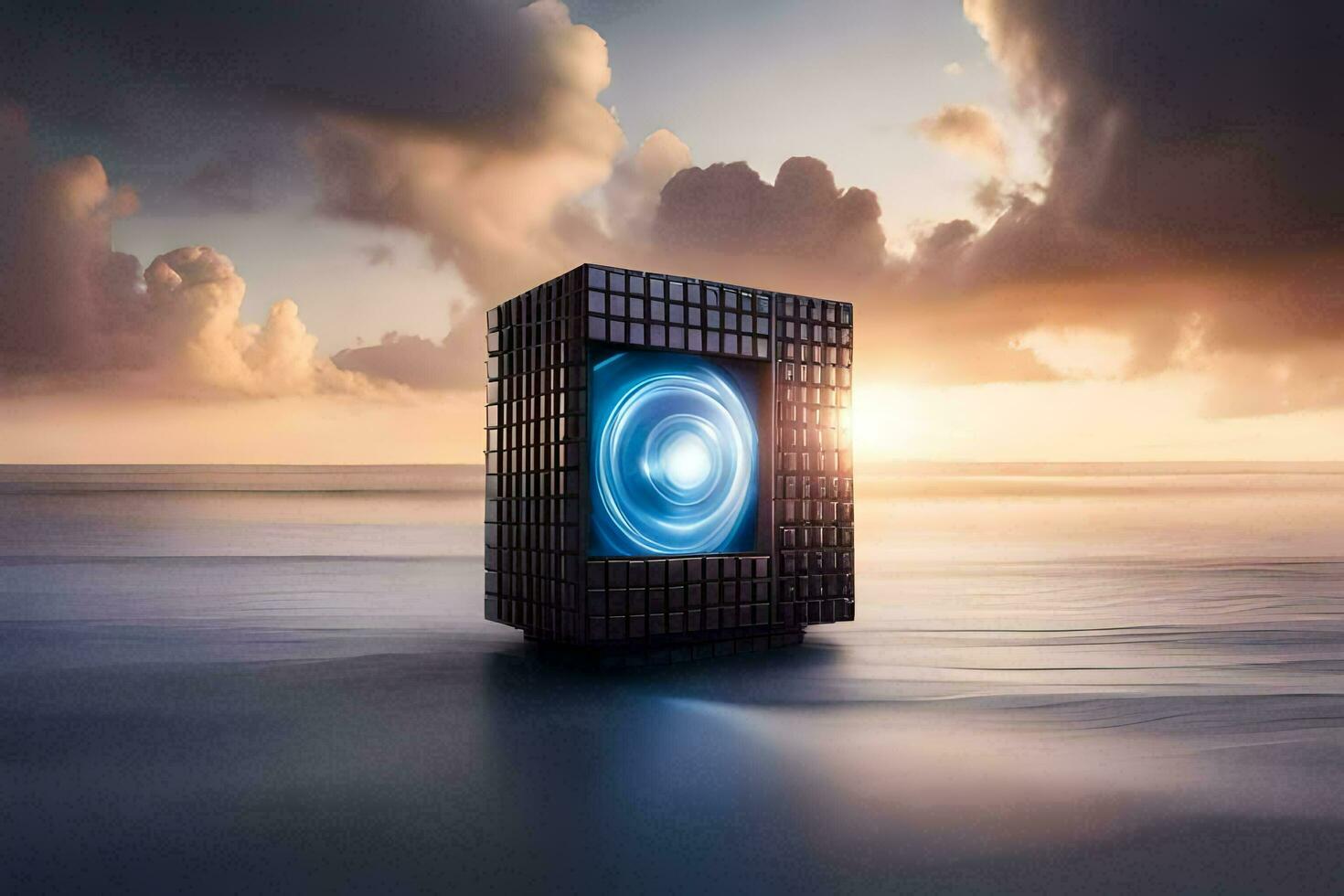une cube avec une bleu lumière sur il dans le océan. généré par ai photo