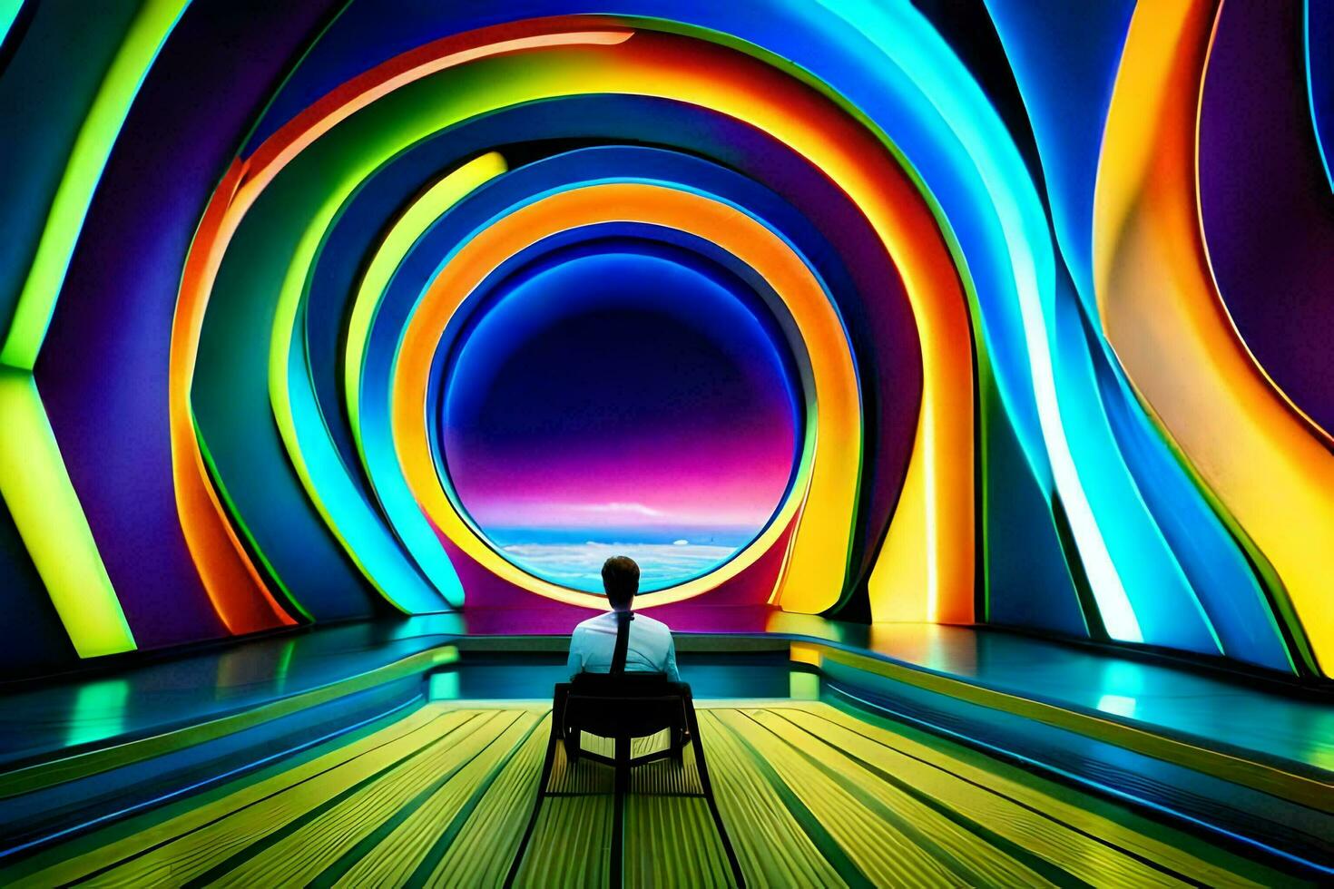 une homme séance dans une chaise dans de face de une coloré tunnel. généré par ai photo