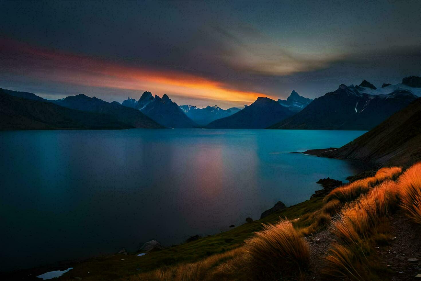 le Soleil ensembles plus de une Lac et montagnes. généré par ai photo