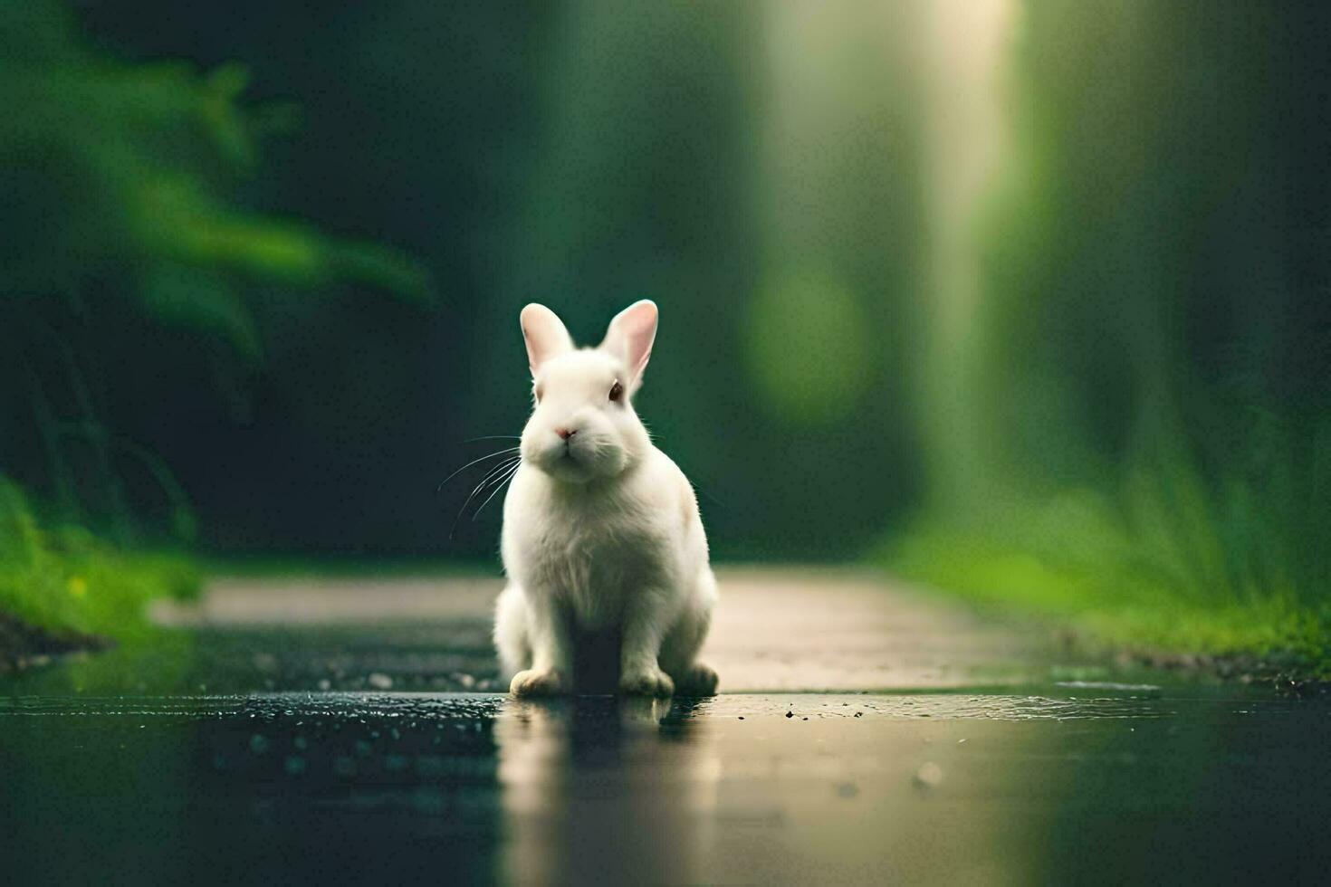 une blanc lapin est permanent sur une humide route. généré par ai photo