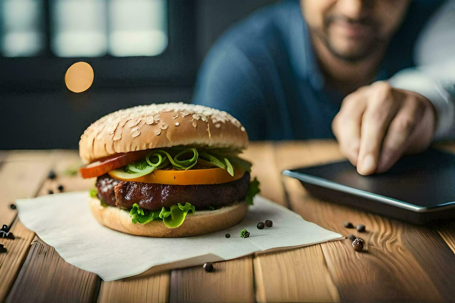 une homme est en utilisant une tablette à Regardez à une Hamburger. généré par ai photo