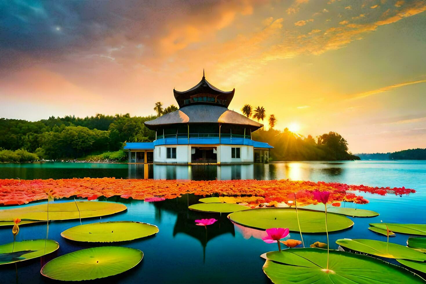 le lotus étang à lever du soleil. généré par ai photo