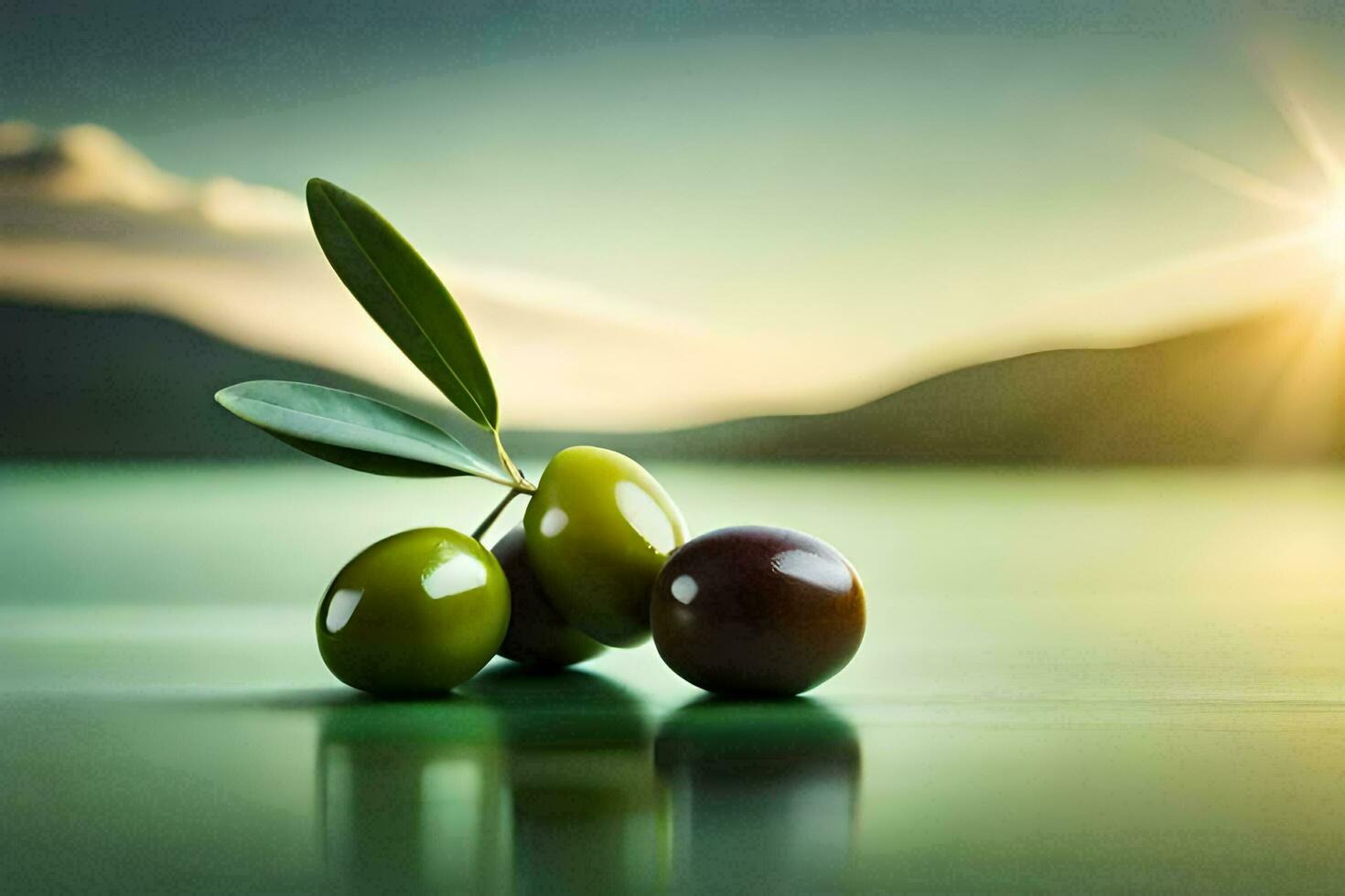 Olives sur le l'eau avec le Soleil dans le Contexte. généré par ai photo
