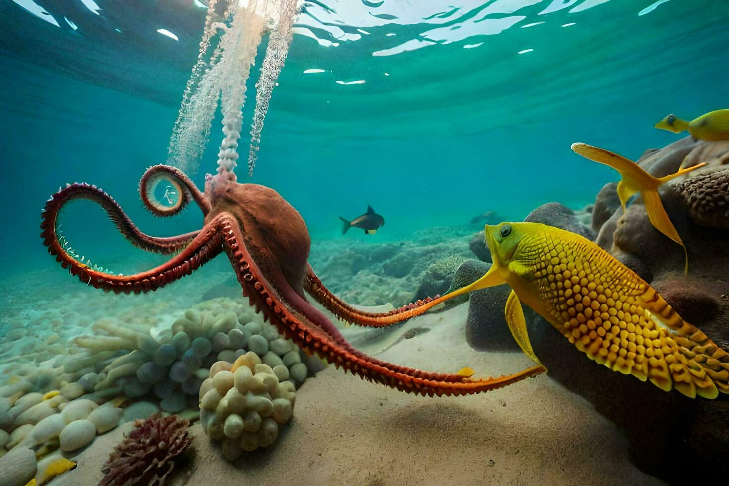 un poulpe et une poisson nager dans le océan. généré par ai photo