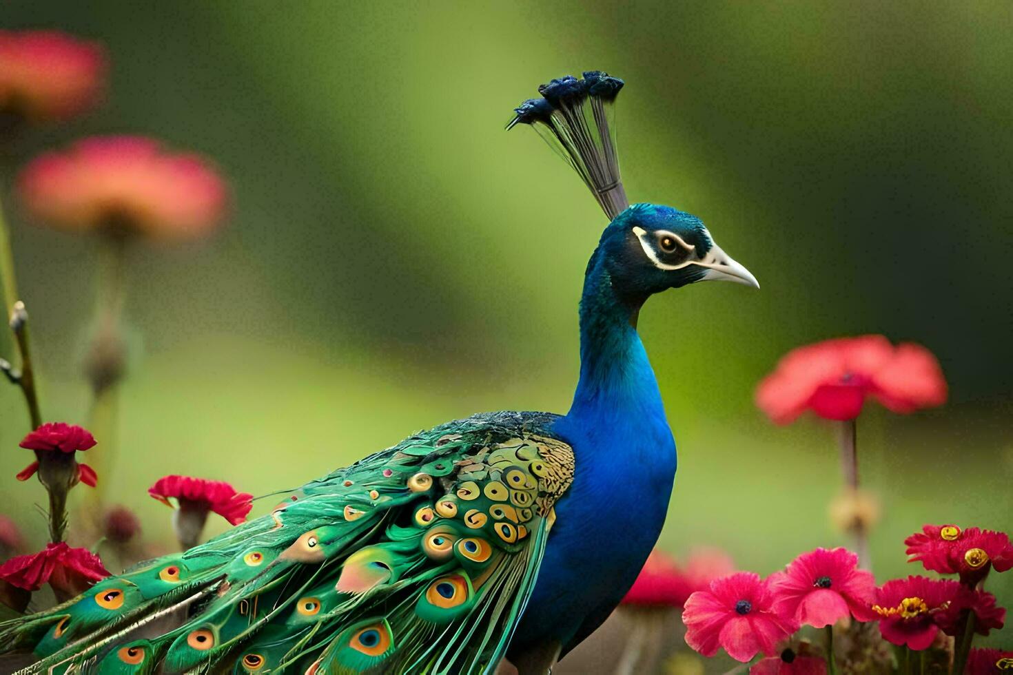 une paon est permanent dans une champ de fleurs. généré par ai photo