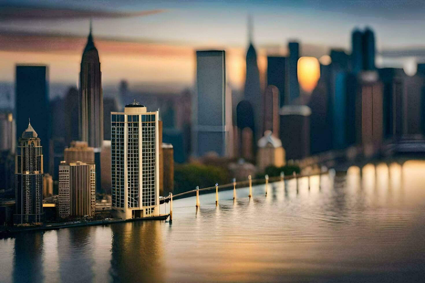 une ville horizon est vu de une pont plus de l'eau. généré par ai photo