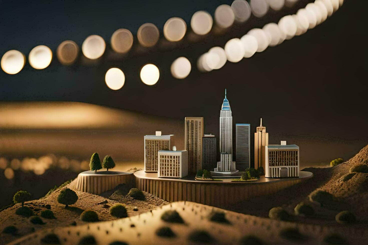 une miniature ville avec lumières sur il. généré par ai photo