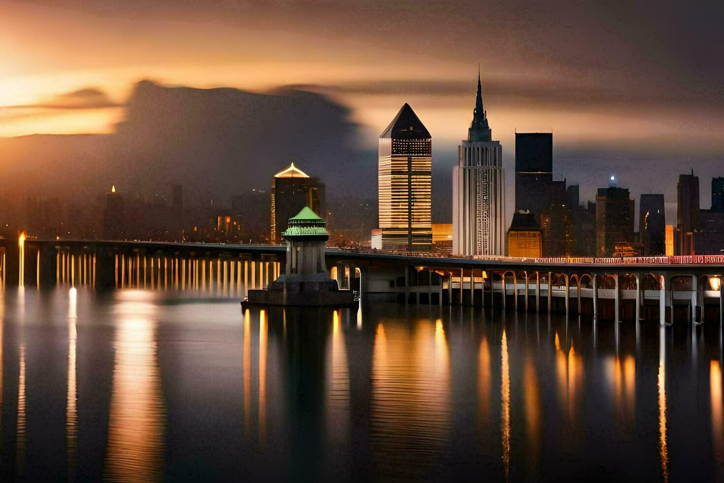 une ville horizon avec une pont plus de l'eau. généré par ai photo