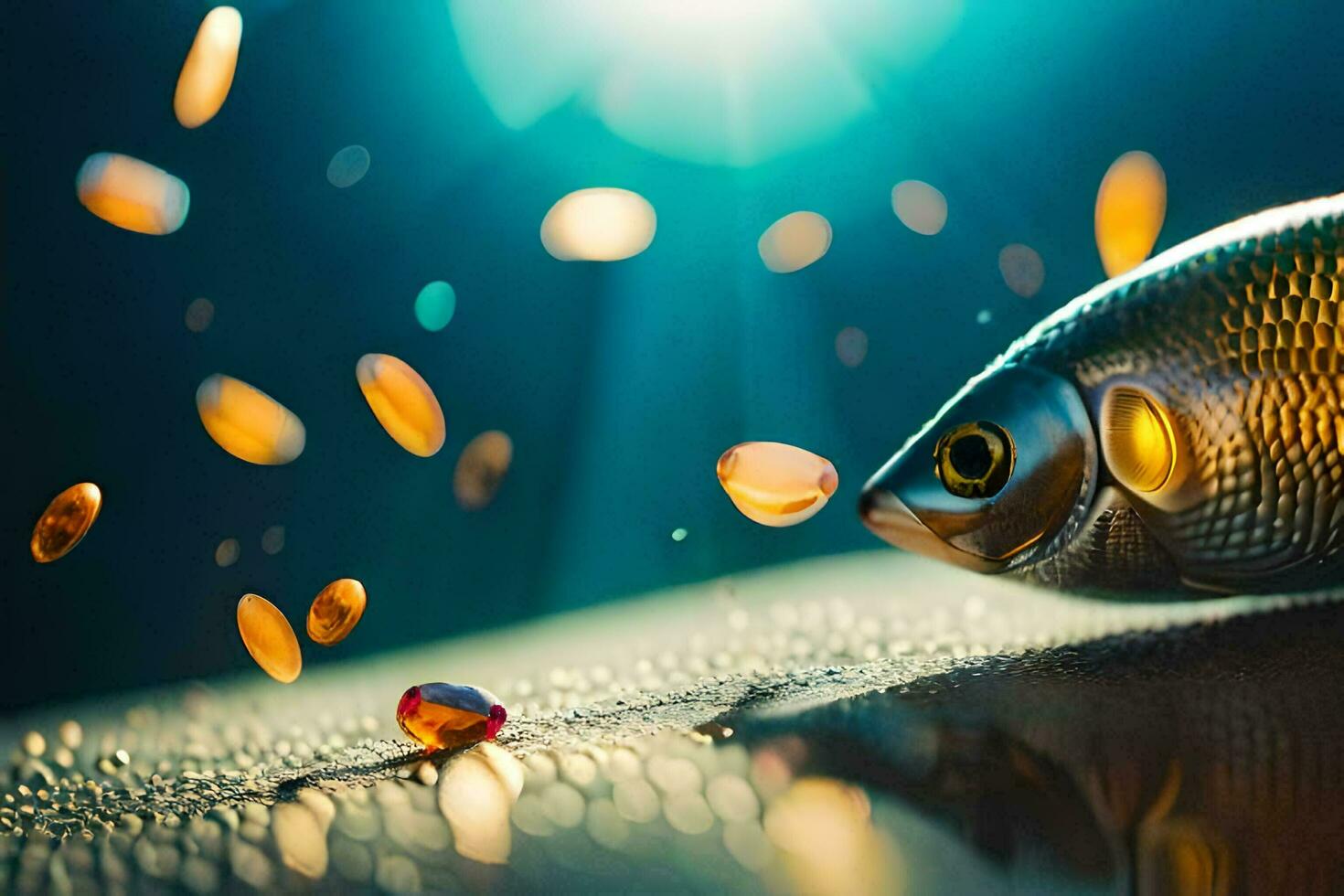 une poisson est pose sur le sol avec certains poisson rouge. généré par ai photo