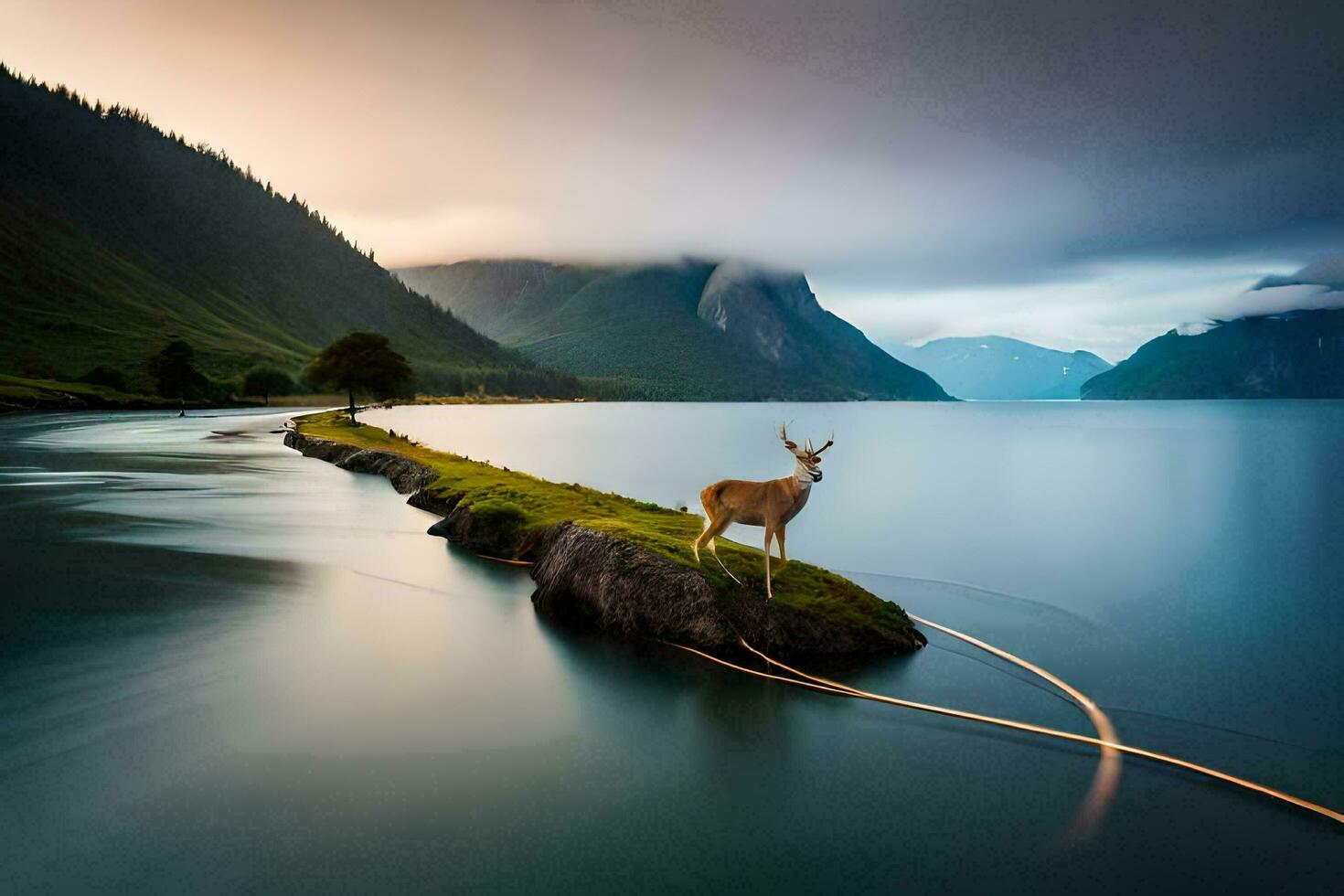 une cerf des stands sur une Roche dans le milieu de une lac. généré par ai photo