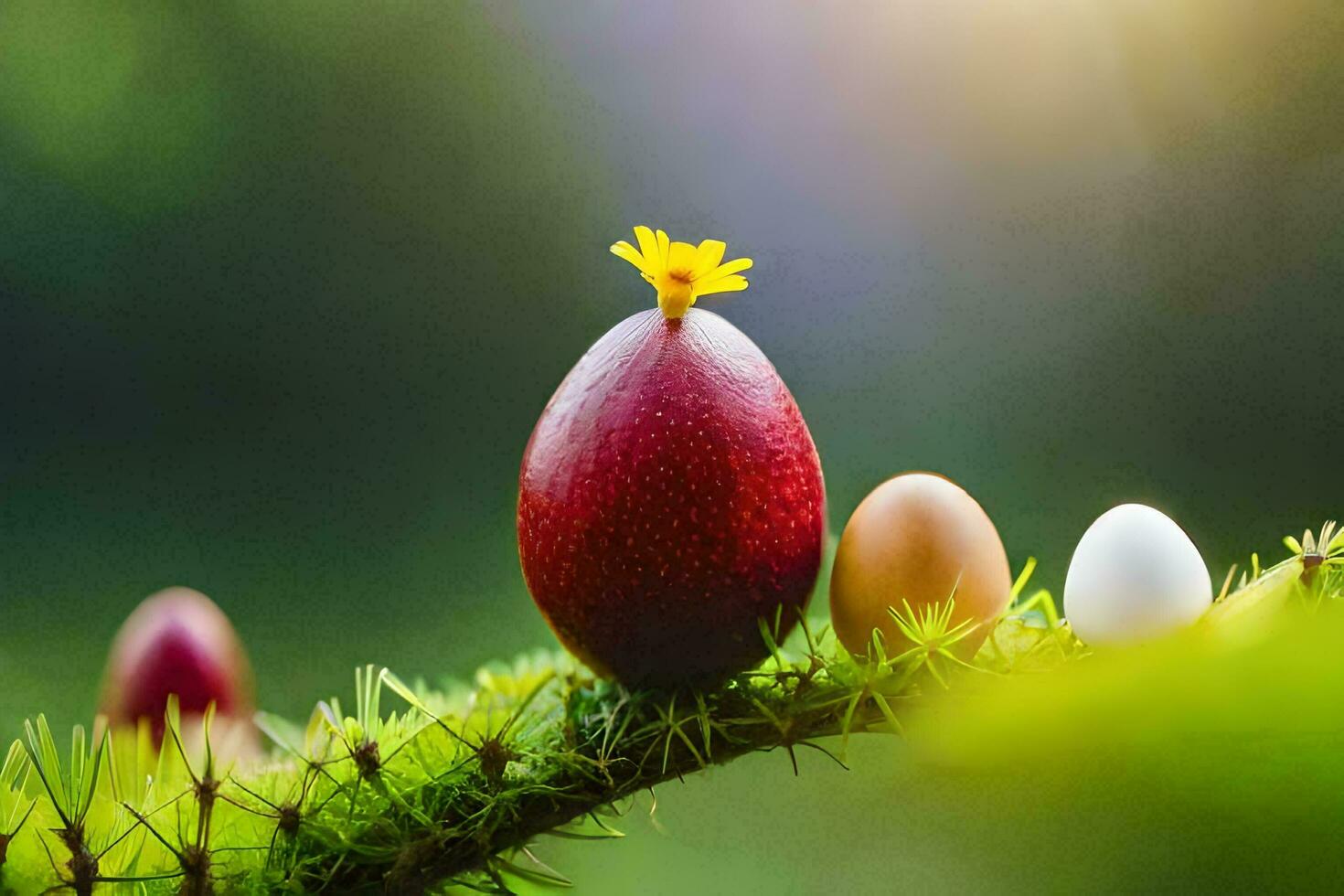Trois des œufs sont séance sur une branche avec vert feuilles. généré par ai photo