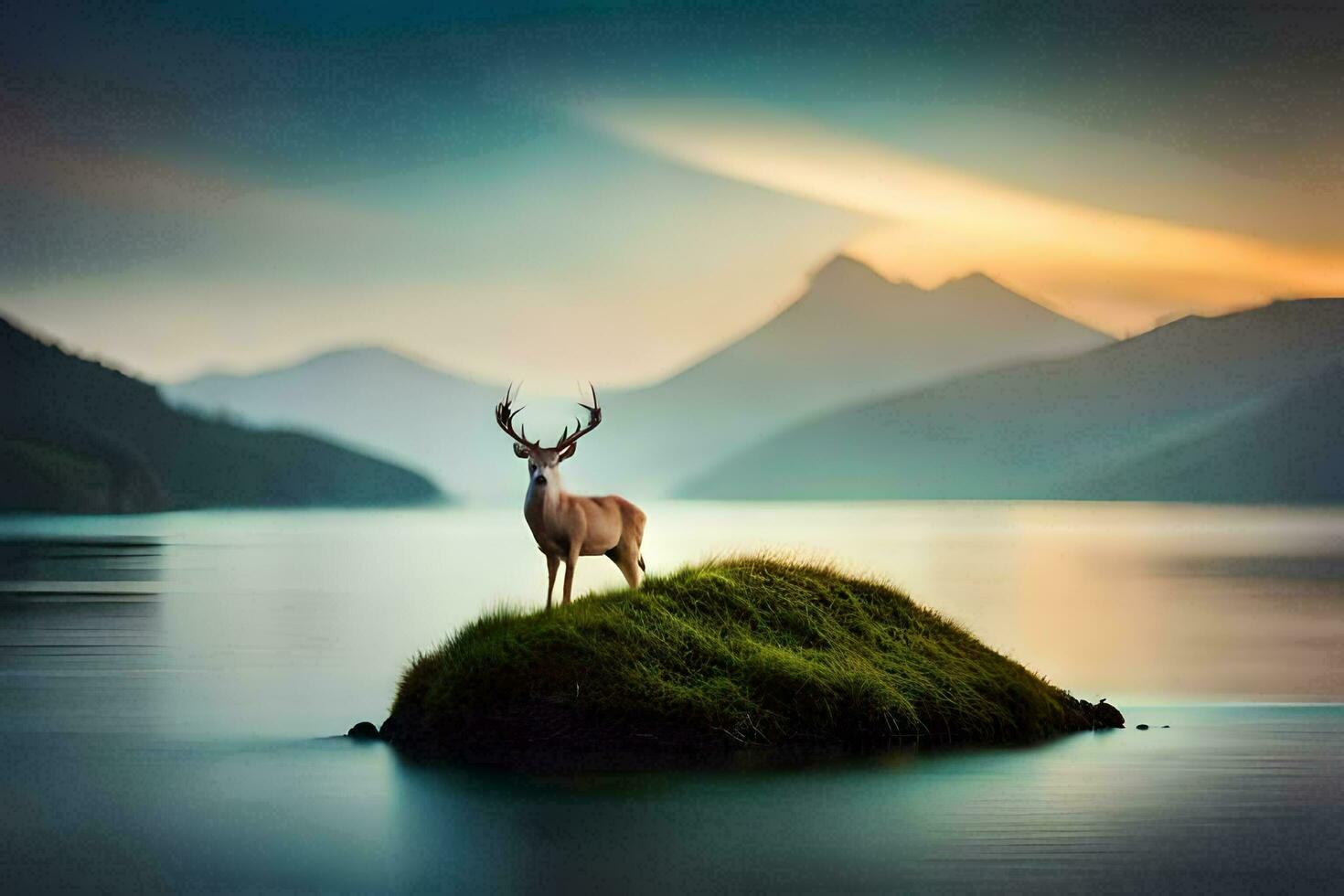 une cerf des stands sur une petit île dans le milieu de une lac. généré par ai photo