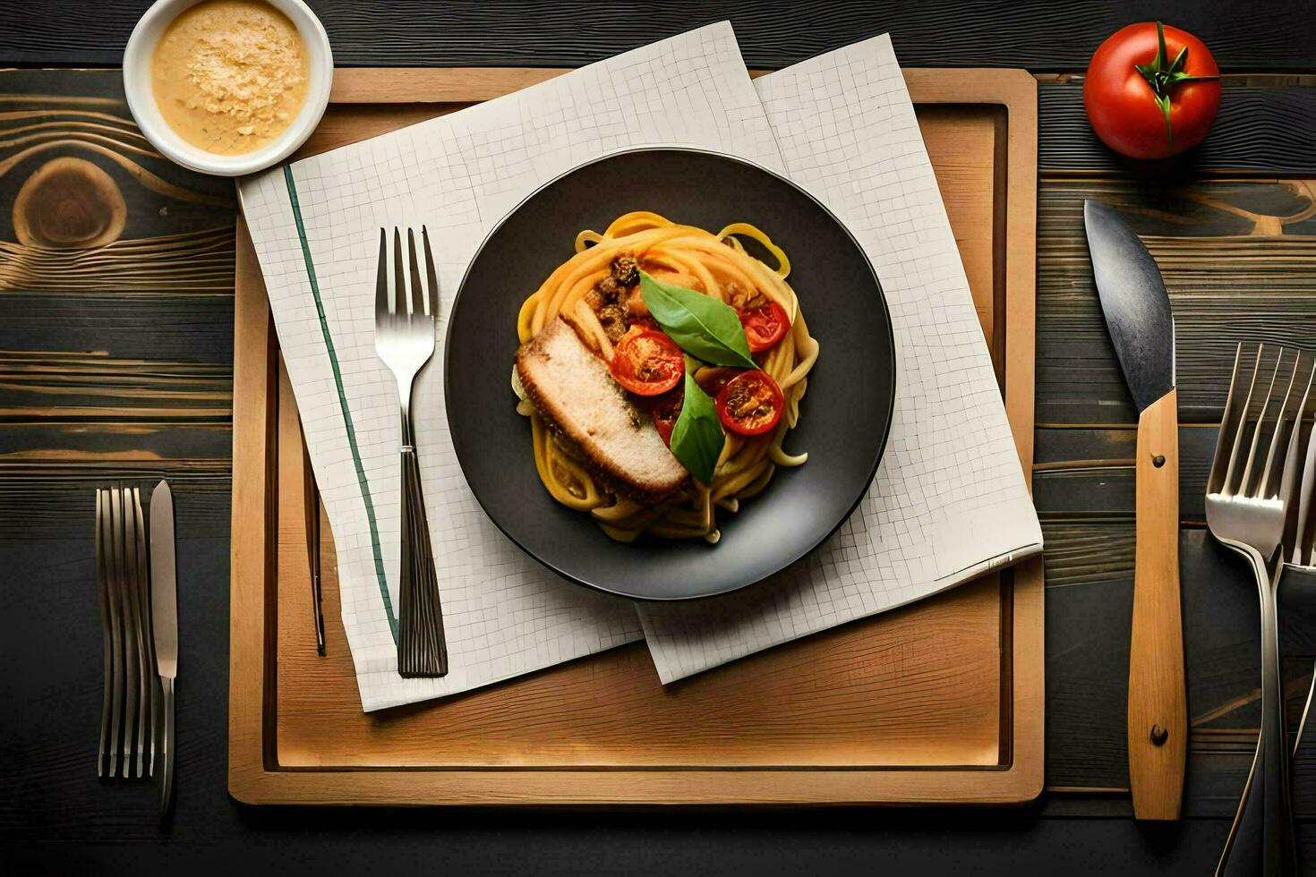 une assiette avec spaghetti et Viande sur il, une couteau et fourchette, et une serviette de table. généré par ai photo