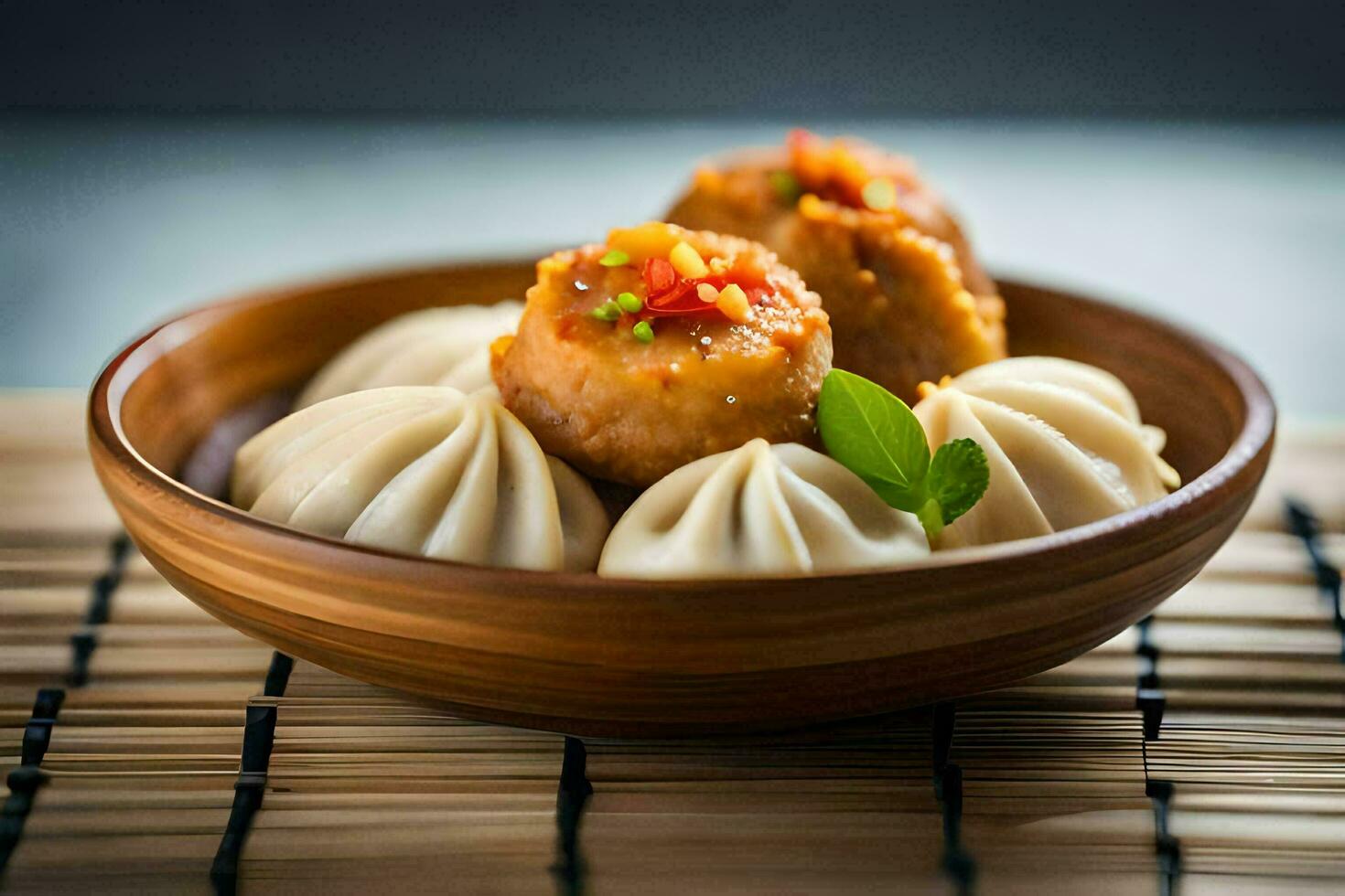 une bol de Dumplings avec sauce et des légumes. généré par ai photo