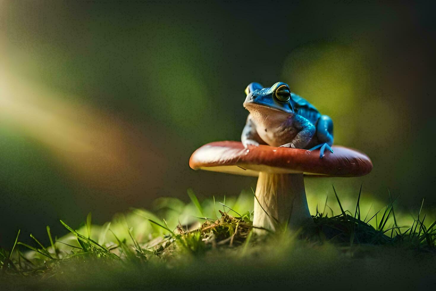 une bleu grenouille est assis sur Haut de une rouge champignon. généré par ai photo