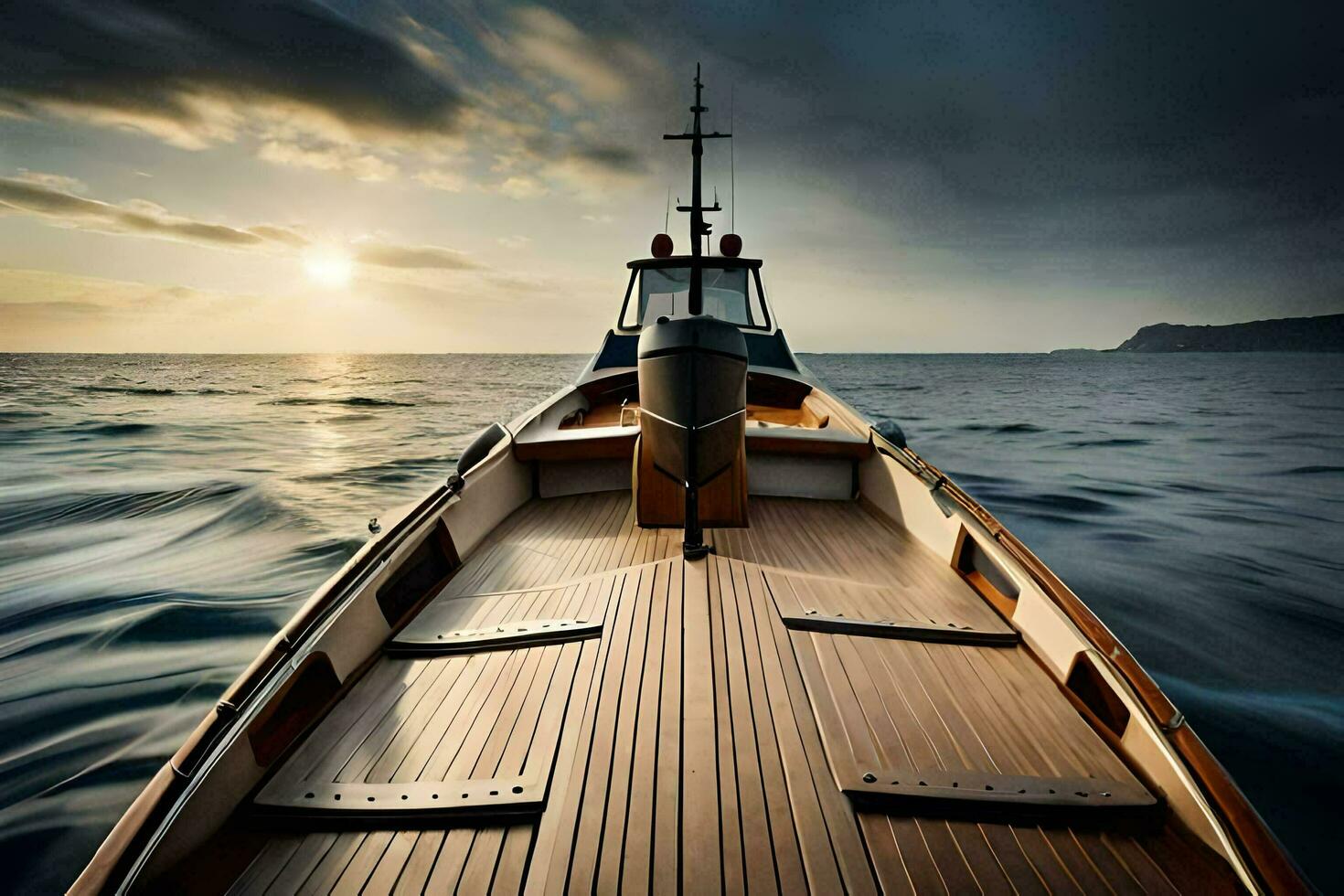 une bateau est voile dans le océan à le coucher du soleil. généré par ai photo