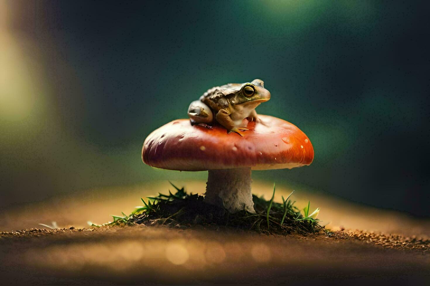 une grenouille est assis sur Haut de une rouge champignon. généré par ai photo