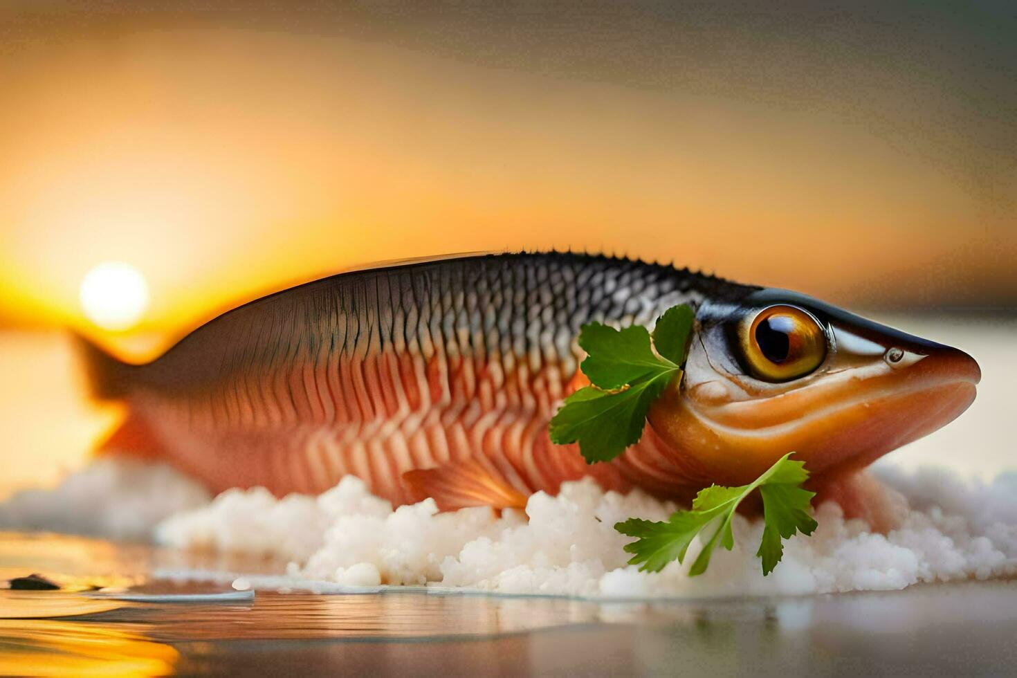 poisson avec persil sur le plage à le coucher du soleil. généré par ai photo