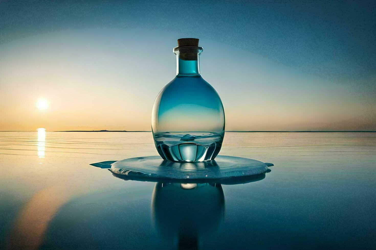 une bouteille de l'eau séance sur le l'eau à le coucher du soleil. généré par ai photo