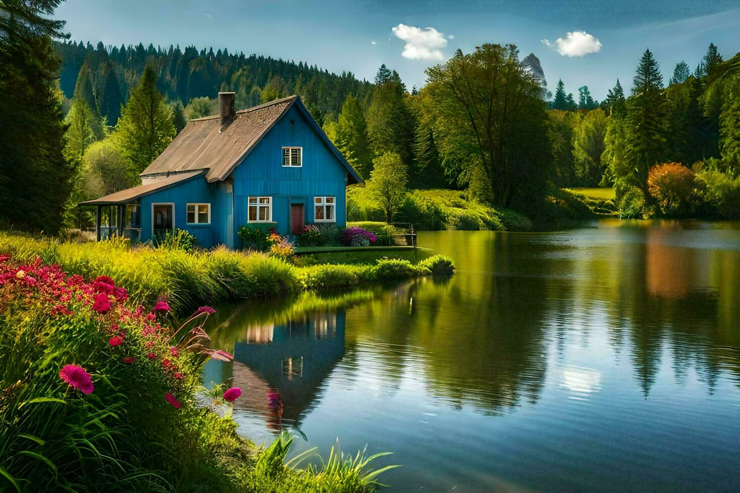 le bleu maison par le lac. généré par ai photo