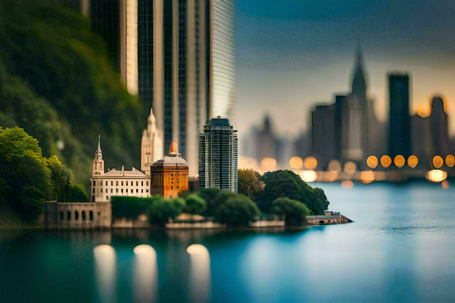 une miniature ville est vu dans le distance par le l'eau. généré par ai photo