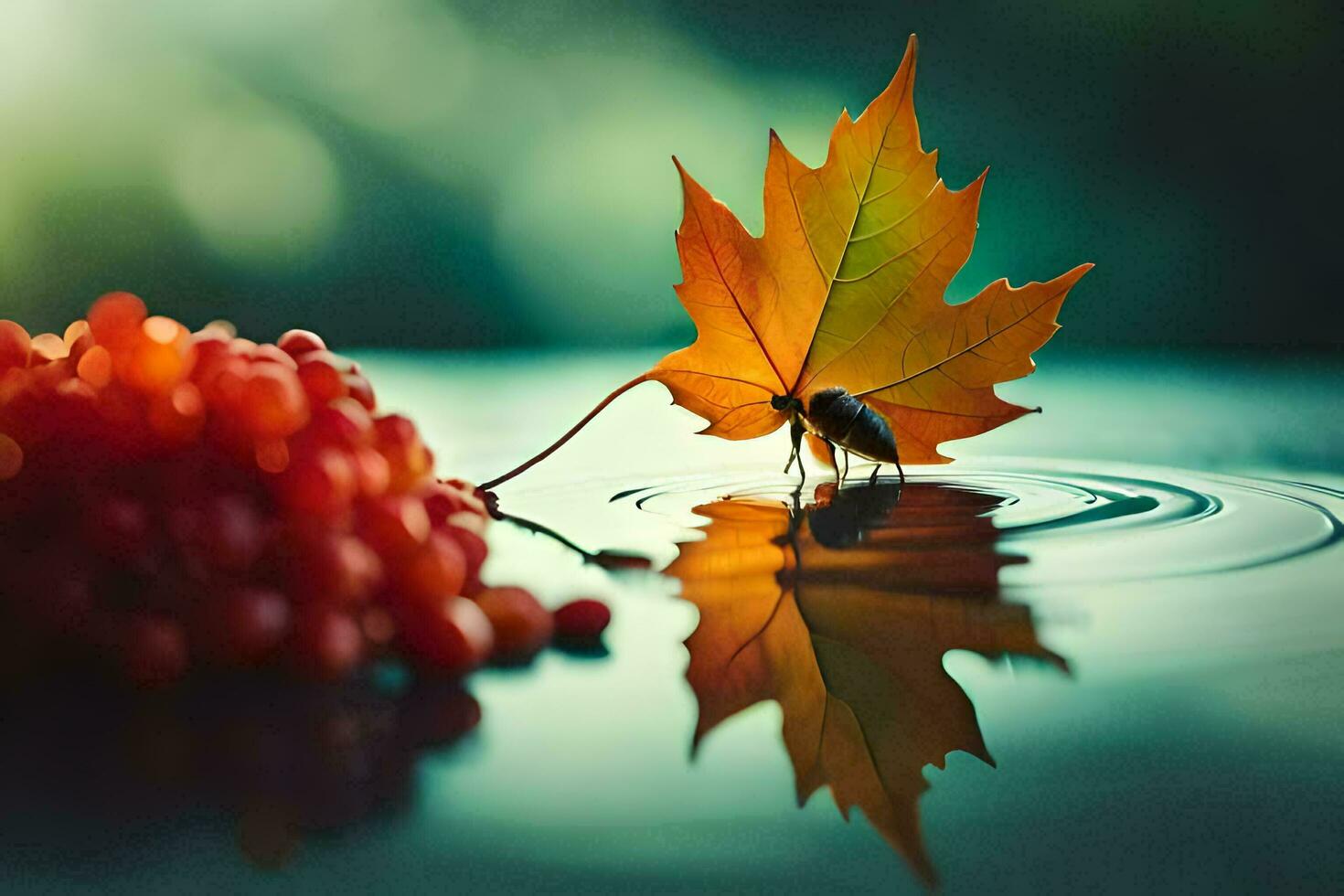 une feuille et baies sur une l'eau surface. généré par ai photo