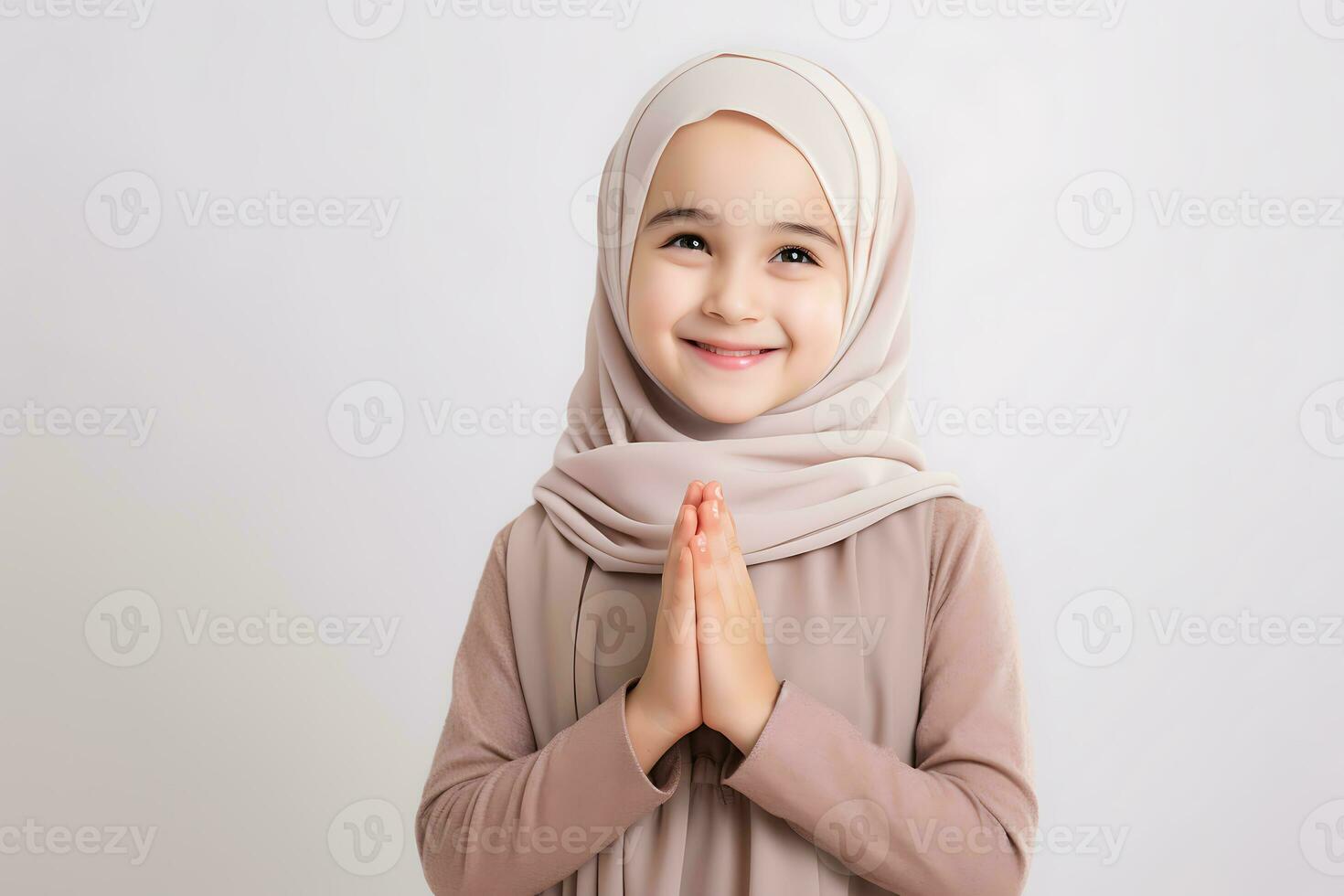 hijab fille prier plus de blanc Contexte. asiatique musulman fille ai généré photo