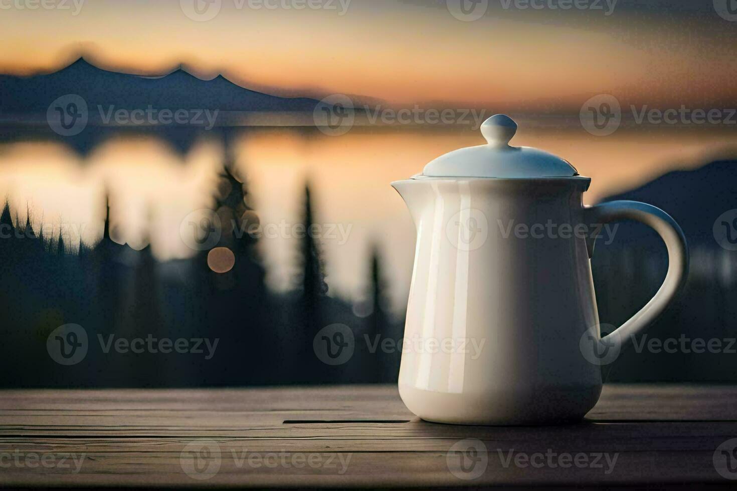 café pot sur en bois table avec montagnes dans le Contexte. généré par ai photo