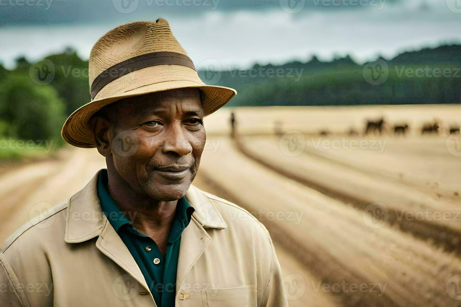 une homme dans une chapeau des stands dans une champ. généré par ai photo