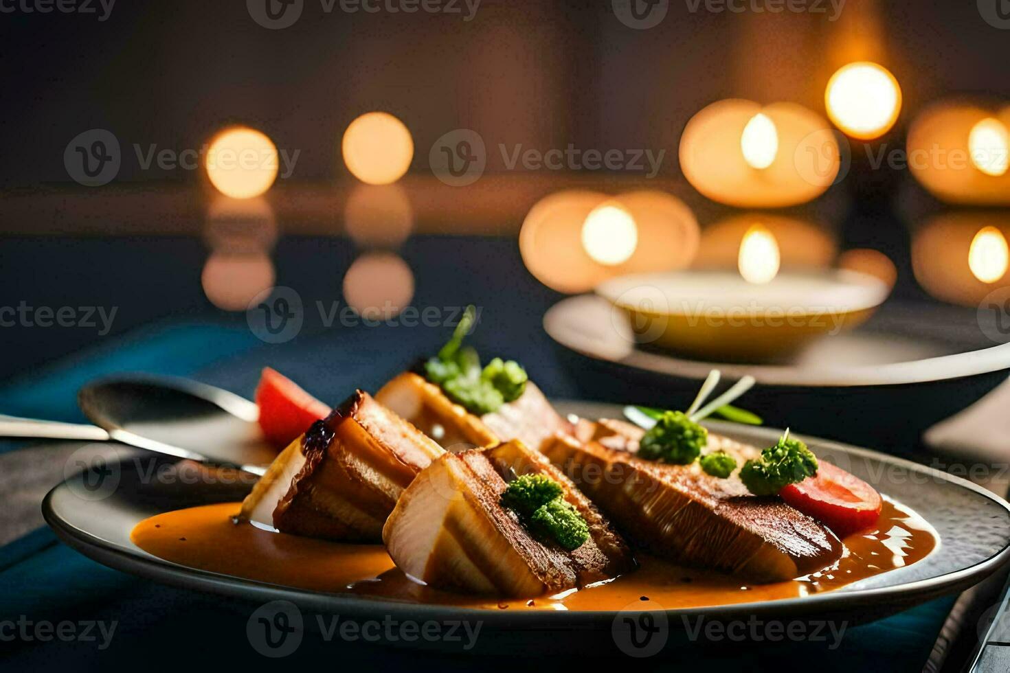 une assiette de nourriture avec Viande et des légumes sur il. généré par ai photo