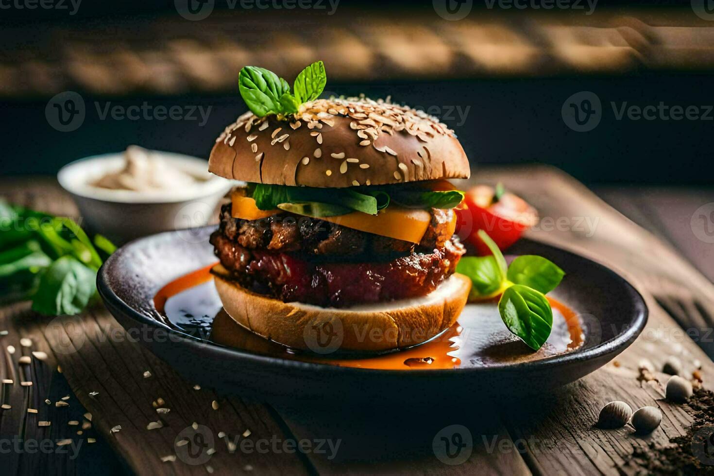 une Hamburger avec fromage et sauce sur une plaque. généré par ai photo