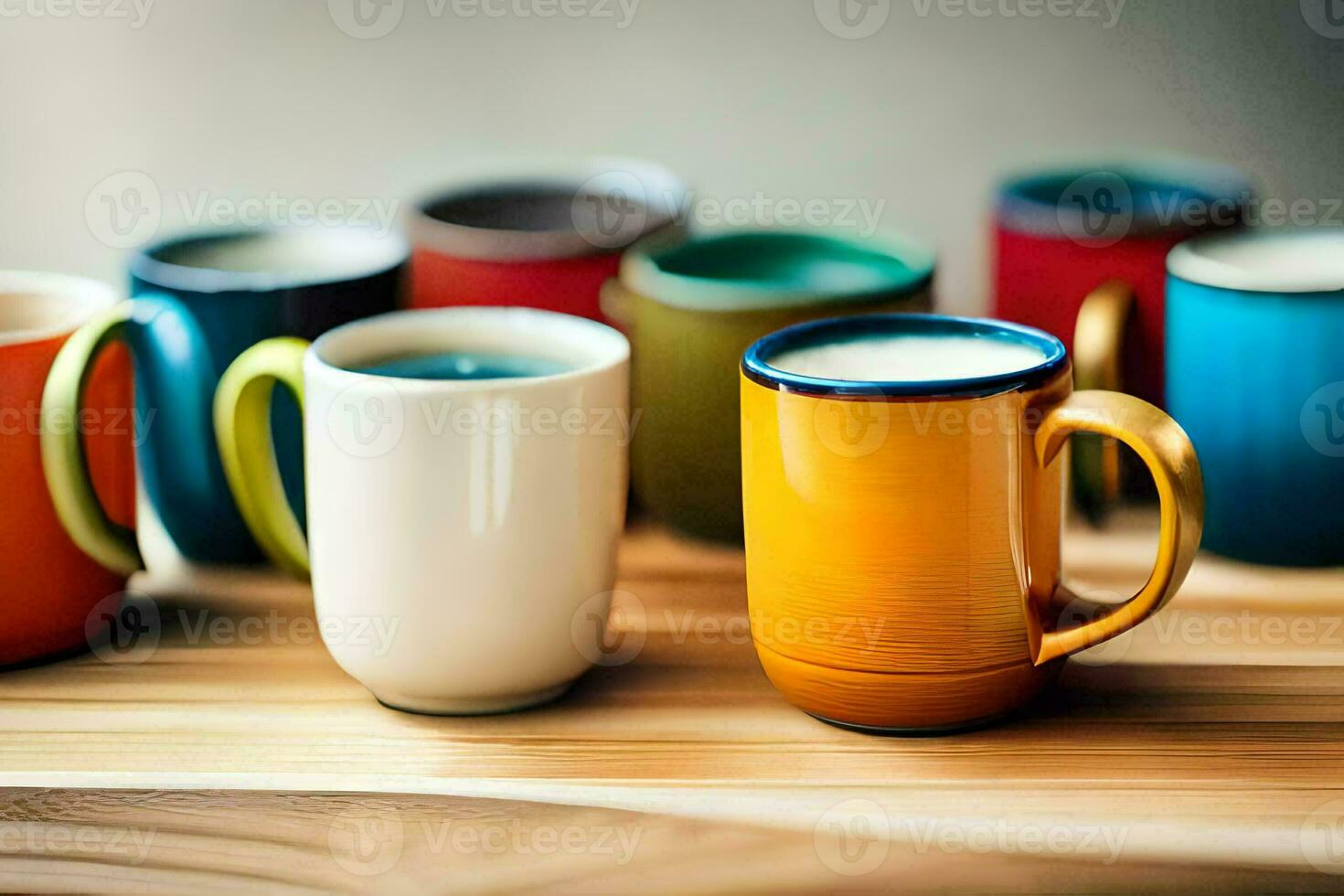 coloré des tasses sur une en bois tableau. généré par ai photo