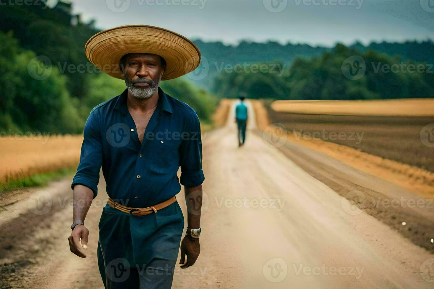 une homme portant une chapeau des promenades vers le bas une saleté route. généré par ai photo