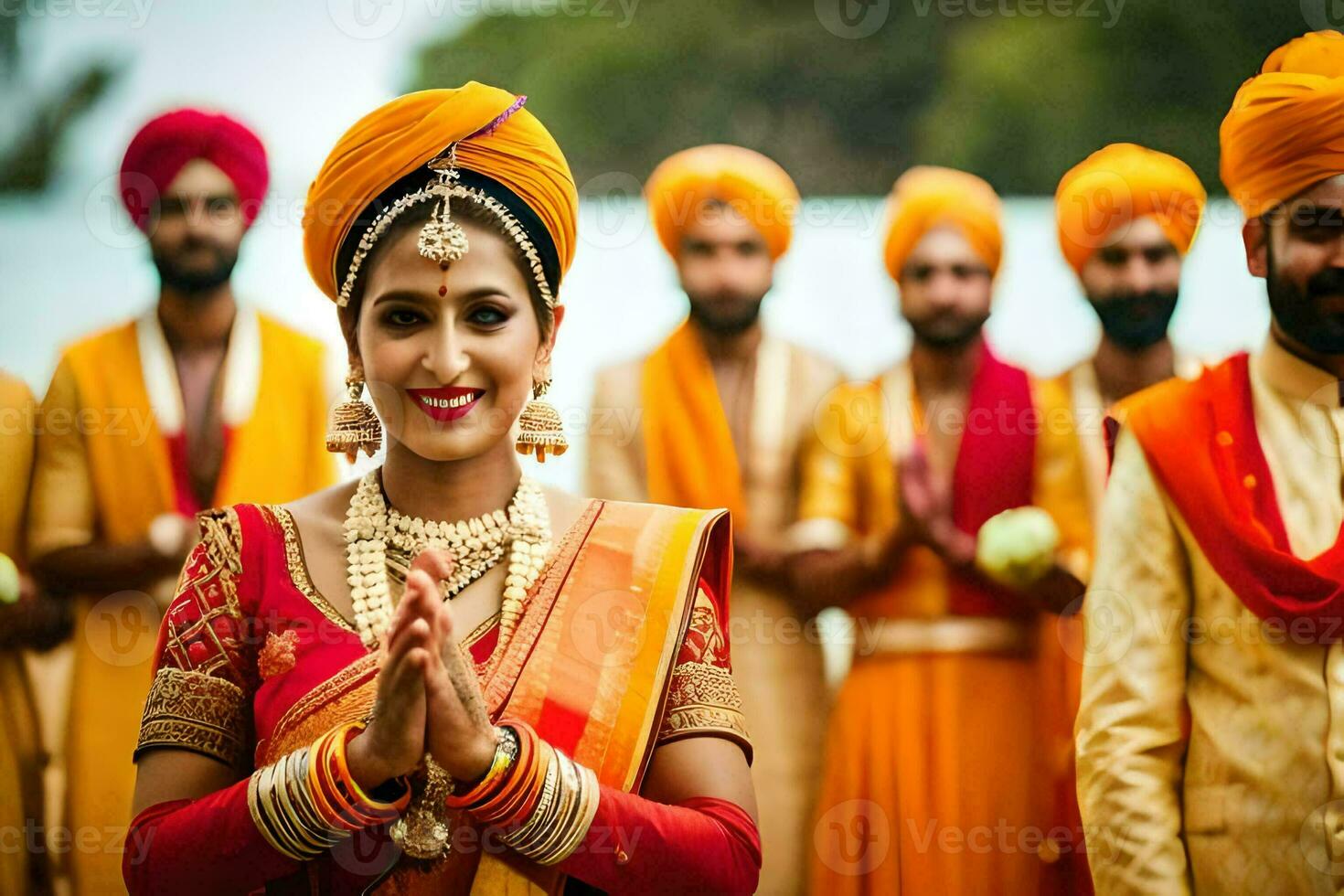 une la mariée et jeune marié dans traditionnel Indien tenue. généré par ai photo