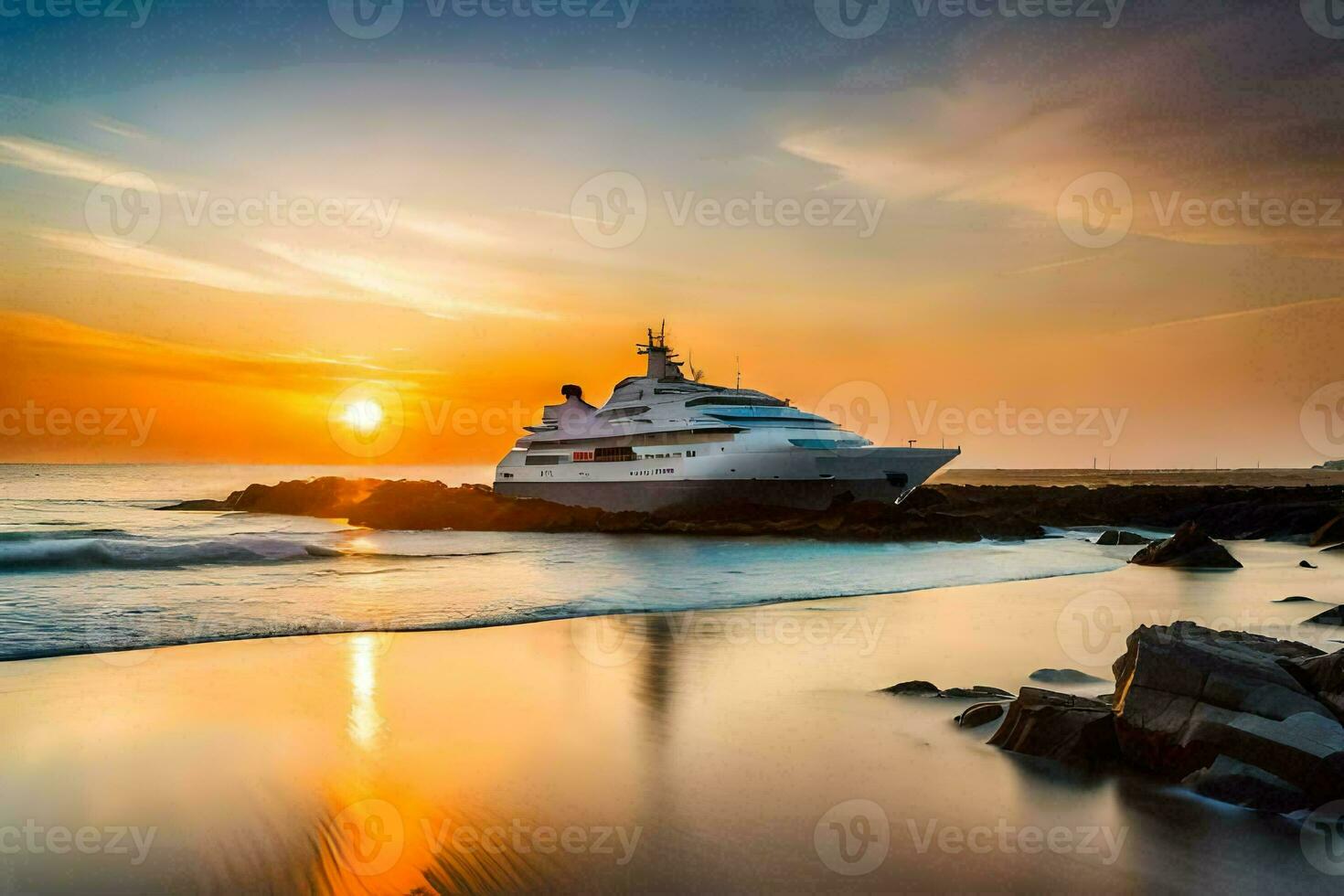 une yacht est amarré à le plage pendant le coucher du soleil. généré par ai photo