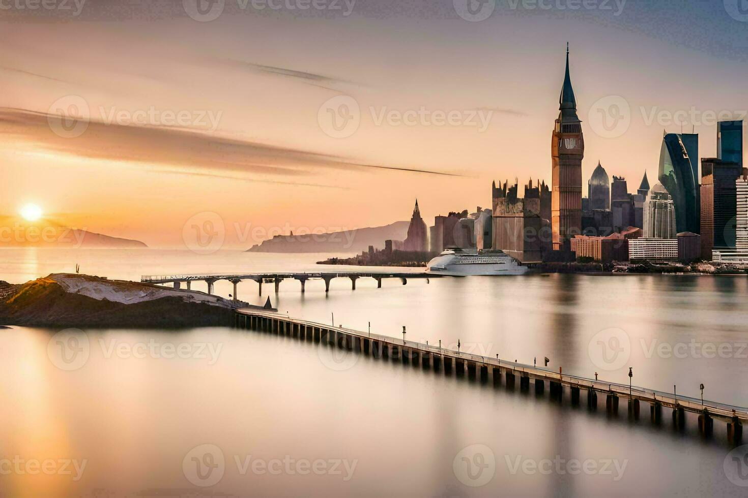 le ville horizon à le coucher du soleil dans Hong Kong. généré par ai photo