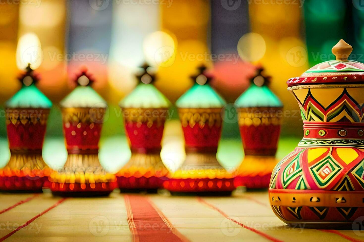 coloré des vases sur une table avec coloré pièces. généré par ai photo