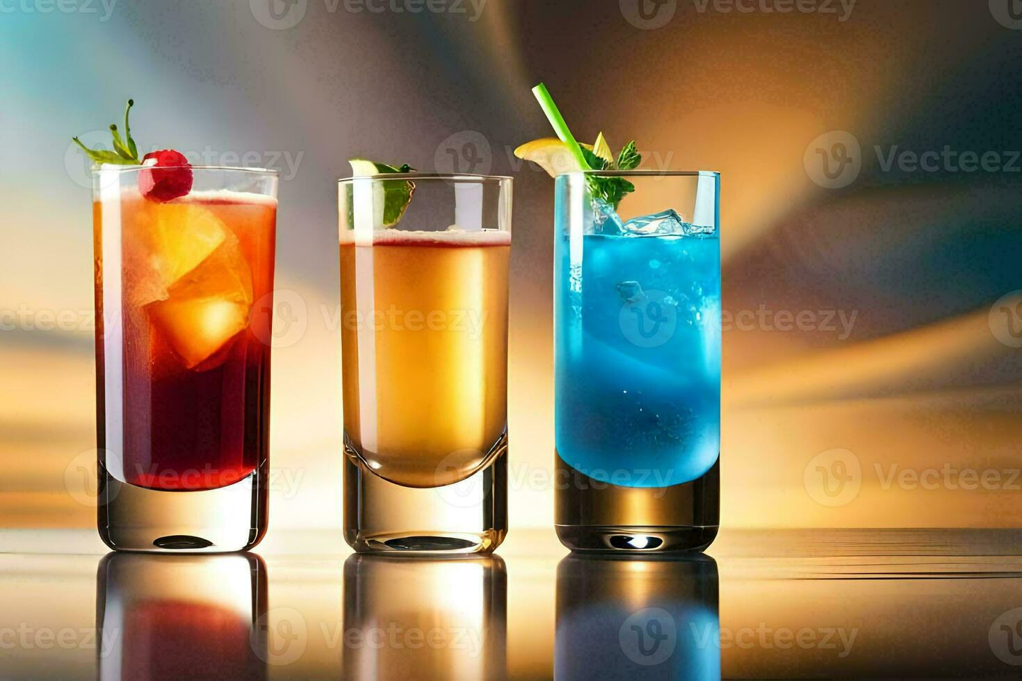 Trois différent coloré des cocktails dans des lunettes sur une tableau. généré par ai photo