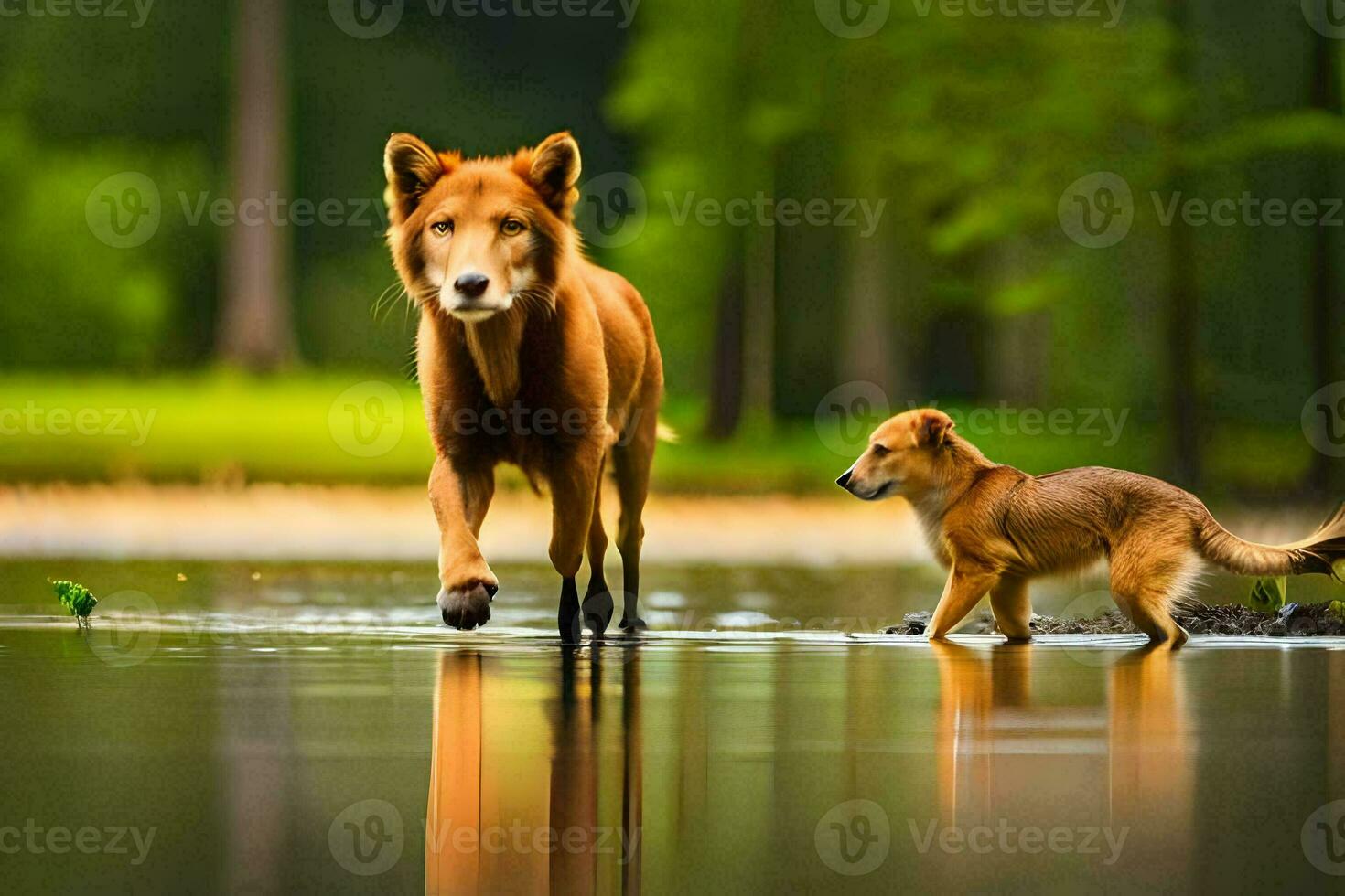 une chien et une chiot en marchant par une rivière. généré par ai photo